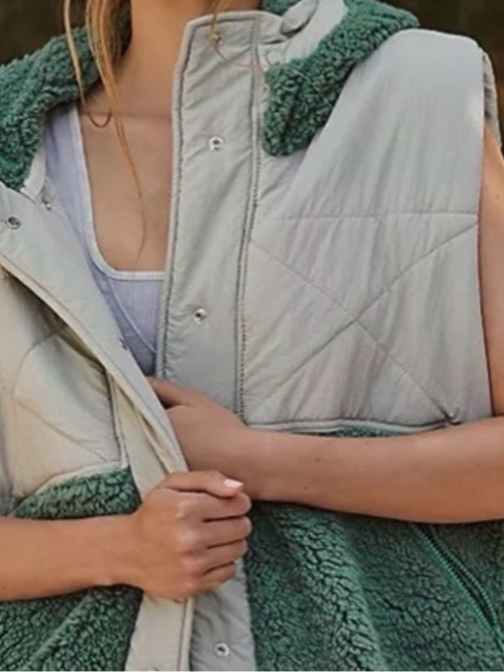 FP Movement - Adventure Awaits - Cream and Green Sherpa Quilted Vest